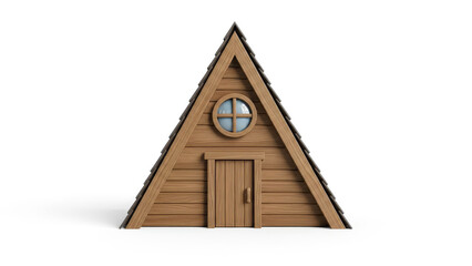 Charming wooden A-frame cabin with a round window and a simple door, perfect for a rustic getaway or a cozy retreat in nature