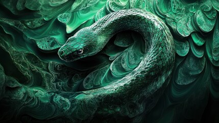 Anaconda, scales like polished malachite, deep green and swirling, surreal gemstone texture, moody jungle lighting effect