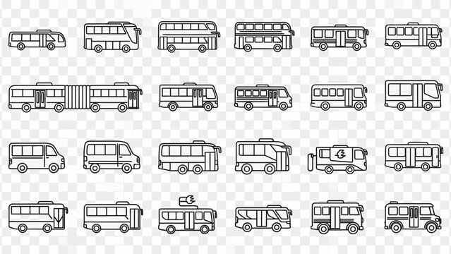 Comprehensive collection of diverse outline bus icons, depicting various transportation vehicles from urban transit to travel coaches, ideal for modern vector design projects