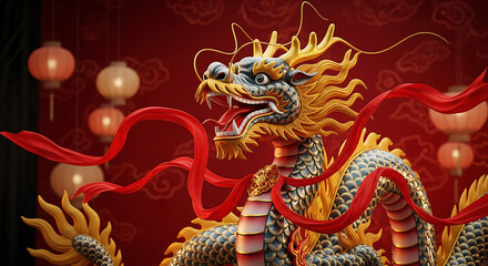 Fototapeta premium Close-up Illustration of a Majestic Eastern Dragon with Flowing Red Ribbons Amidst Glowing Lanterns, Symbolizing Festive Cultural Celebrations and Prosperity