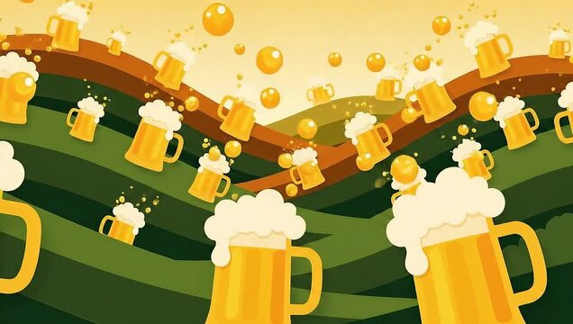 Beer mugs floating over a green and yellow landscape, celebrating Oktoberfest.