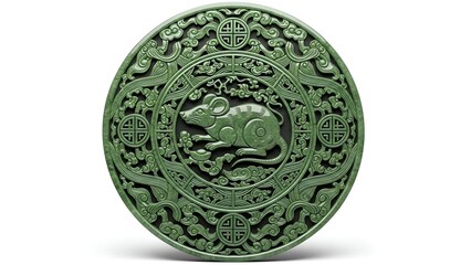 An intricately designed green circular object featuring a whisk pattern, showcasing Feedio design elements in a serene setting