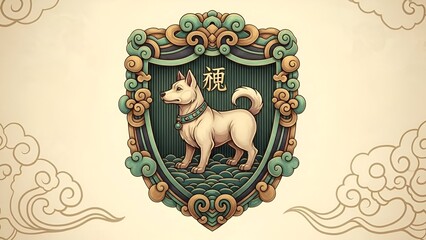Illustration of dog in ornate frame with symbolic Chinese character for spirit