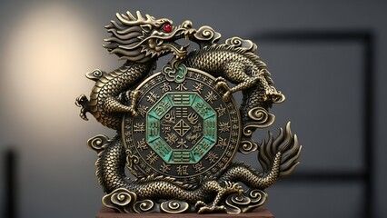 An ornate bronze dragon sculpture encircles a mystical green amulet on a blurred background