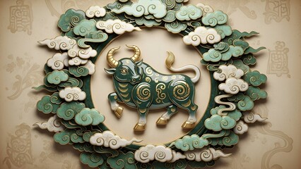 An intricately designed green bull surrounded by a floral wreath in a traditional setting