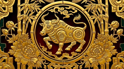 Ornate golden ox illustration surrounded by floral patterns and bamboo on a dark background