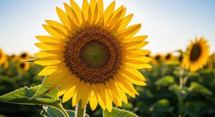 Fototapeta premium Radiant sunflowers blooming under the bright blue sky in a lush green field basking in the sunlight