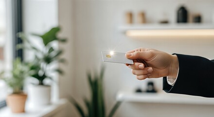 Business professional holding a credit card in a modern office environment, showcasing financial transaction concepts with greenery and minimalistic decor in the background