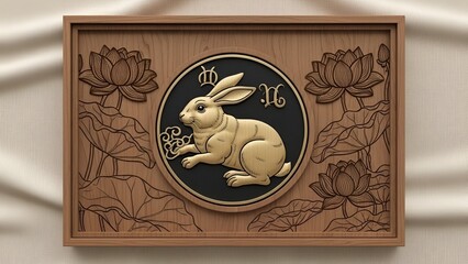Golden Rabbit Emblem Surrounded by Lotus Flowers on Wooden Panel