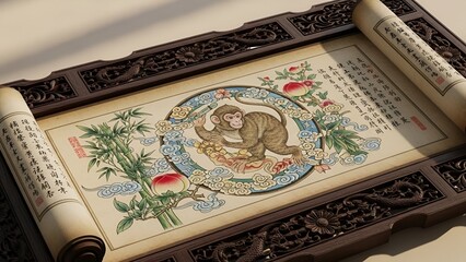 An intricately designed scroll featuring a panda surrounded by bamboo and flowers displayed on a wooden frame with Feedio Whisk elements beautifully