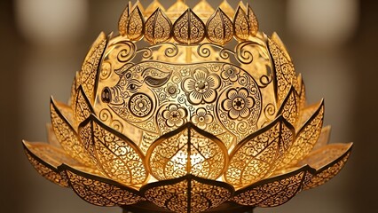 Ornate gold lotus flower decoration with intricate designs and patterns on a blurred background