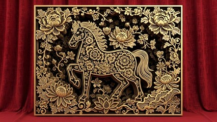 Golden Horse Illustration on Black Background with Floral Patterns and Velvet Curtain