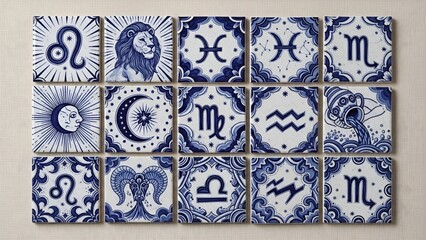Beautiful celestial zodiac signs and astrological symbols on patterned ceramic tiles creating an artistic astrological display