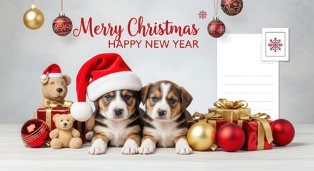 Fototapeta premium Christmas puppies greeting card