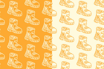 Astronaut boots hand drawn doodle seamless pattern on yellow beige background set for kids merchandise. Space footwear engraving pattern background. Exploration galaxy shoes hatching motif wallpaper