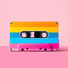 Naklejka premium A colorful cassette tape against a pink background, showcasing retro design and vibrant hues.