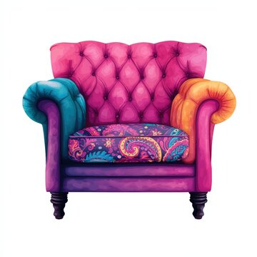 A vibrant, stylish armchair featuring tufted upholstery, colorful arms, and a patterned seat, perfect for adding a pop of color to any living space.