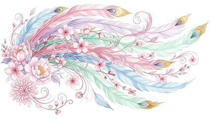 Whisk-inspired Floral Peacock Feathers Illustration with Swirling Shapes and Vibrant Colors