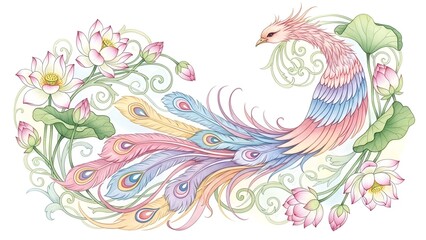 Obraz premium Elegant illustration of a mythical phoenix with soft pastel plumage amidst blooming lotus flowers, symbolizing rebirth and serene beauty