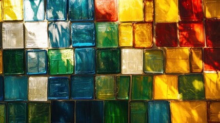 A vibrant favela building, walls constructed from a mosaic of recycled glass bottles, creating a rainbow effect when light hits