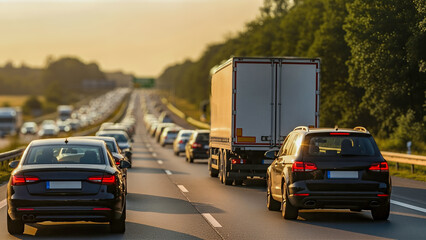Fototapeta premium Highway traffic jam with multiple vehicles, including cars and trucks, creating congestion during sunset, showcasing the challenges of urban commuting and travel delays