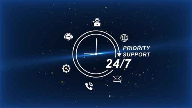 24/7 Priority Support Services Set with Clock and Communication Symbols on Dark Blue Background with Starry Night Sky