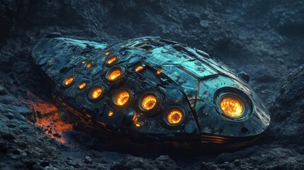 A single, advanced scientific instrument, encrusted with glowing, surreal alien barnacles, resting on a volcanic seabed, contrast of technology and extreme nature