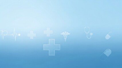 Abstract blue background with medical crosses and geometric shapes for healthcare and science concepts.