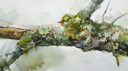 watercolor close-up moss on tree branch earthy