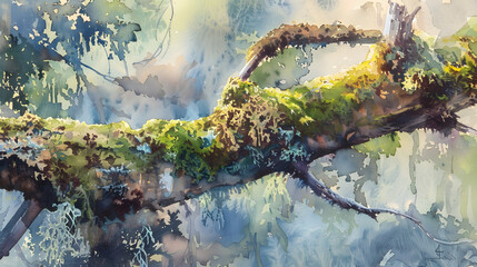 watercolor close-up moss on tree branch earthy