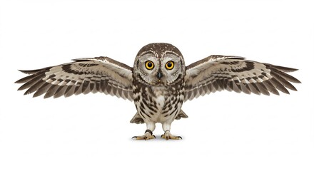 Energetic small owl broadly spreads patterned wings against a brilliant white studio environment. AI Generated
