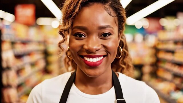 A smiling woman in a white t-shirt and black apron standing in a grocery store - Powered by Adobe