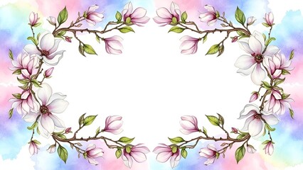 A serene floral wreath frame with blossoms and leaves on pastel background