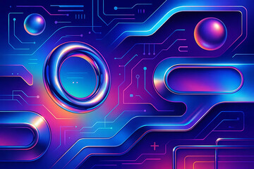 Vibrant retro-futurism Y2K art with chrome, neon glow, holographic tech shapes and cyber energy