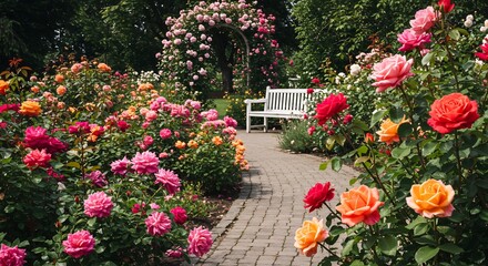 Lush vibrant rose garden with a stone path leading to a peaceful white bench under warm sunlight abundant colorful blooms. AI Generated