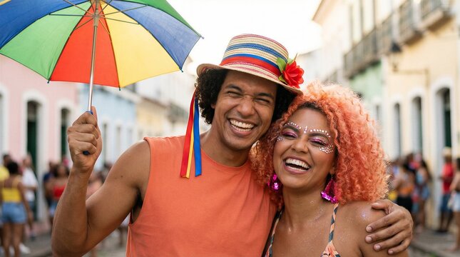Happy Couple Celebrating Brazilian Street Carnival with Colorful Umbrella