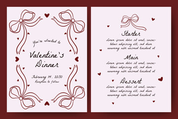 Hand drawn whimsical invitation card with heart, ribbon, bows, coquette frames. trendy vintage style design for valentine, wedding, or birthday party