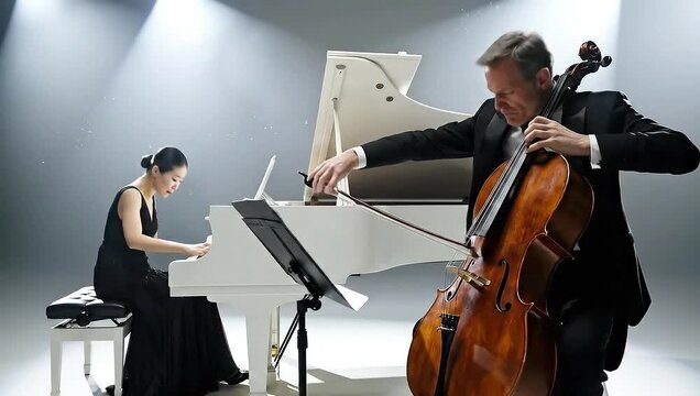 A male cellist and a female pianist performing a classical music duet on stage.