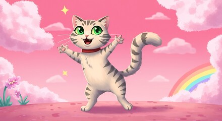 Vibrant striped cartoon cat with sparkling green eyes blissfully smiles in a whimsical pink sky world. AI Generated
