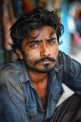 Fototapeta premium Bangladeshi man with dark hair and mustache wearing a blue shirt sitting in an outdoor setting