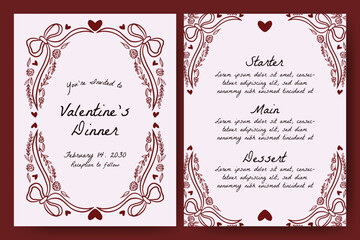 Hand drawn whimsical invitation card with heart, floral, branches, ribbon, bows, coquette frames. trendy vintage style design for valentine, wedding, or birthday party