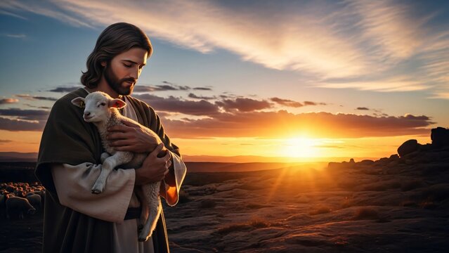 Jesus Christ Holding Lamb Sunset Biblical Shepherd Good Samaritan Religious Art Image