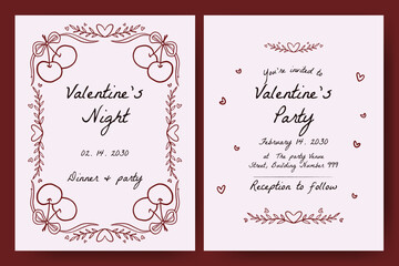 Hand drawn whimsical invitation card with heart, cherry, branches, ribbon, bows, coquette frames. trendy vintage style design for valentine, wedding, or birthday party