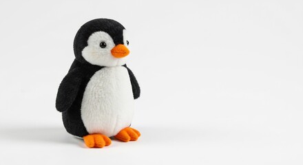 Fototapeta premium Playful fluffy penguin toy with bright orange accents stands proudly on a crisp white surface under soft even light. AI Generated