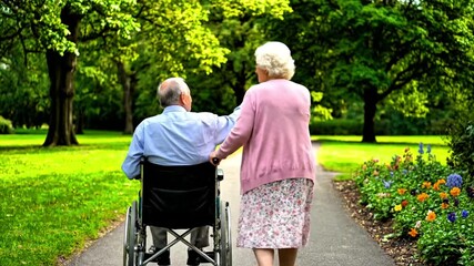 Video of a grandmother pushing her grandfather in a wheelchair, old age, life, story, for insurance and health advertisements  