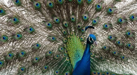 Magnificent peacock proudly fans iridescent tail feathers shimmering brightly under warm sunlight. AI Generated