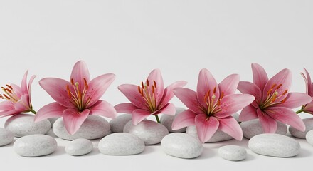 Vivid pink lilies nestle among rounded white pebbles with soft light enhancing their elegant simplicity. AI Generated