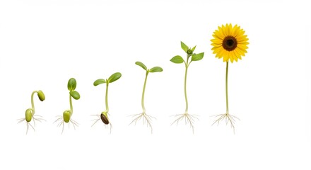 Vibrant life cycle of a plant seedling evolving into a magnificent sunflower against a pristine white background. AI Generated