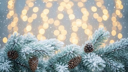 Snowy pine branches with pinecones