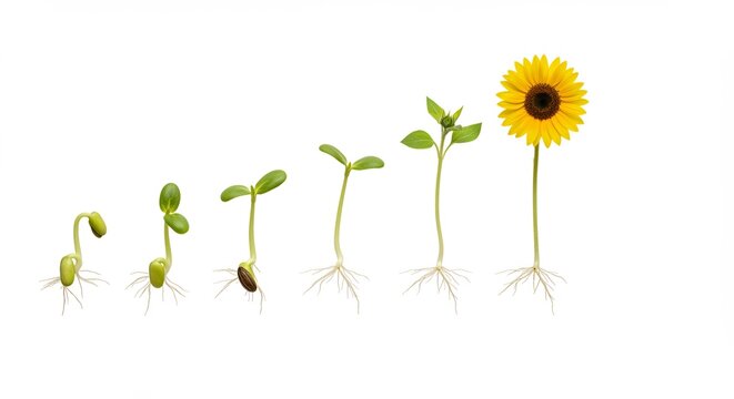 Vibrant life cycle of a plant seedling evolving into a magnificent sunflower against a pristine white background. AI Generated
